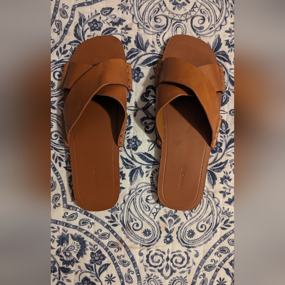 Vince Nico Criss Cross Slides Sandals Leather Brown 8.5